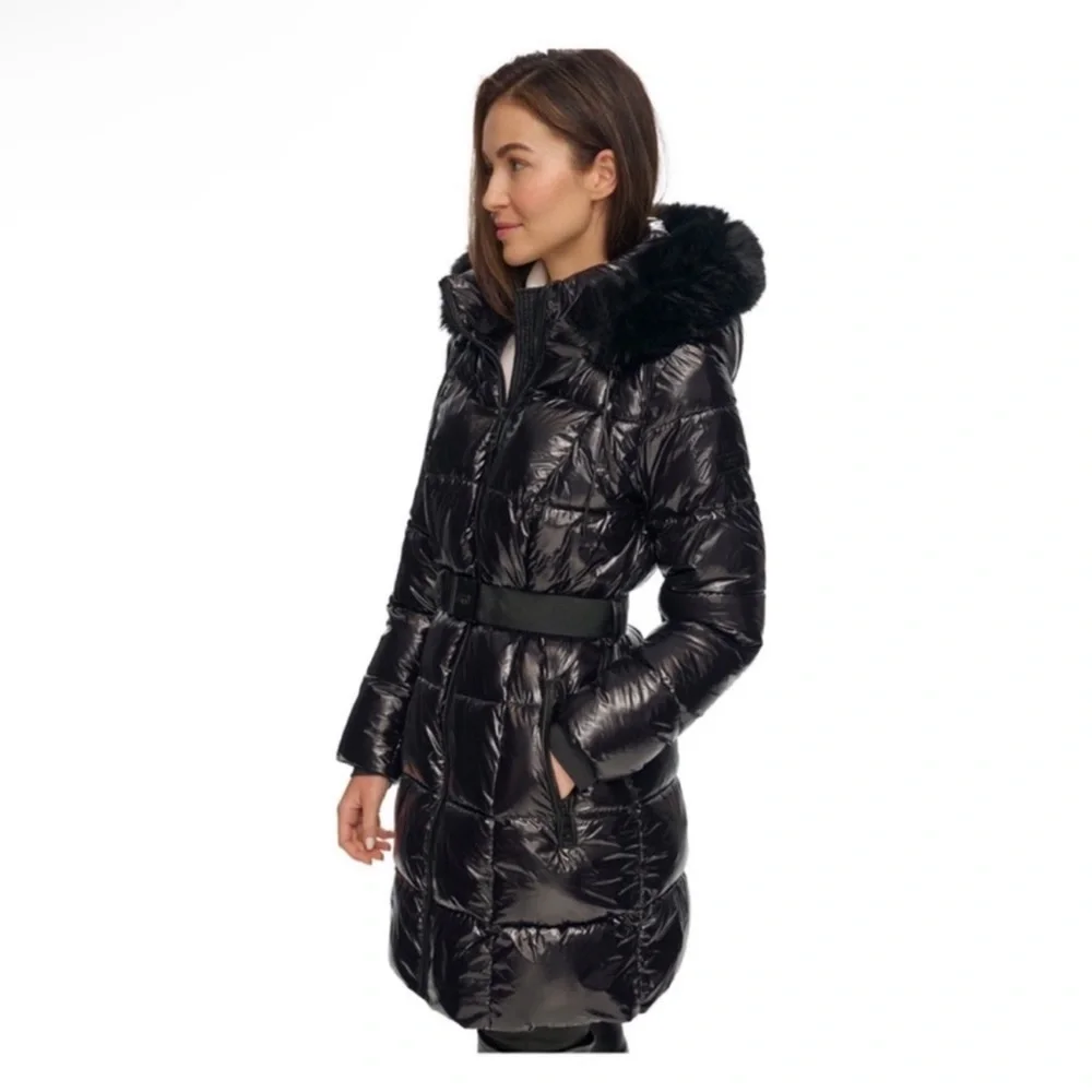 New! DKNY Black Glossy Belted Puffer Coat with Removable Faux Fur Hood - Picture 3 of 16